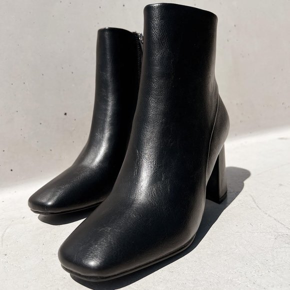 NEW Black Faux Leather Sleek Slim Square Toe Block Heel Ankle Boots Bootie Shoes - Picture 6 of 13